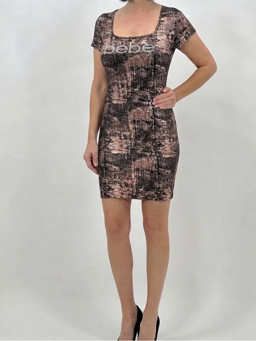 Bebe Black & Rose Gold Shimmer Metallic Rhinestone Logo Bodycon Mini Dress Sz L